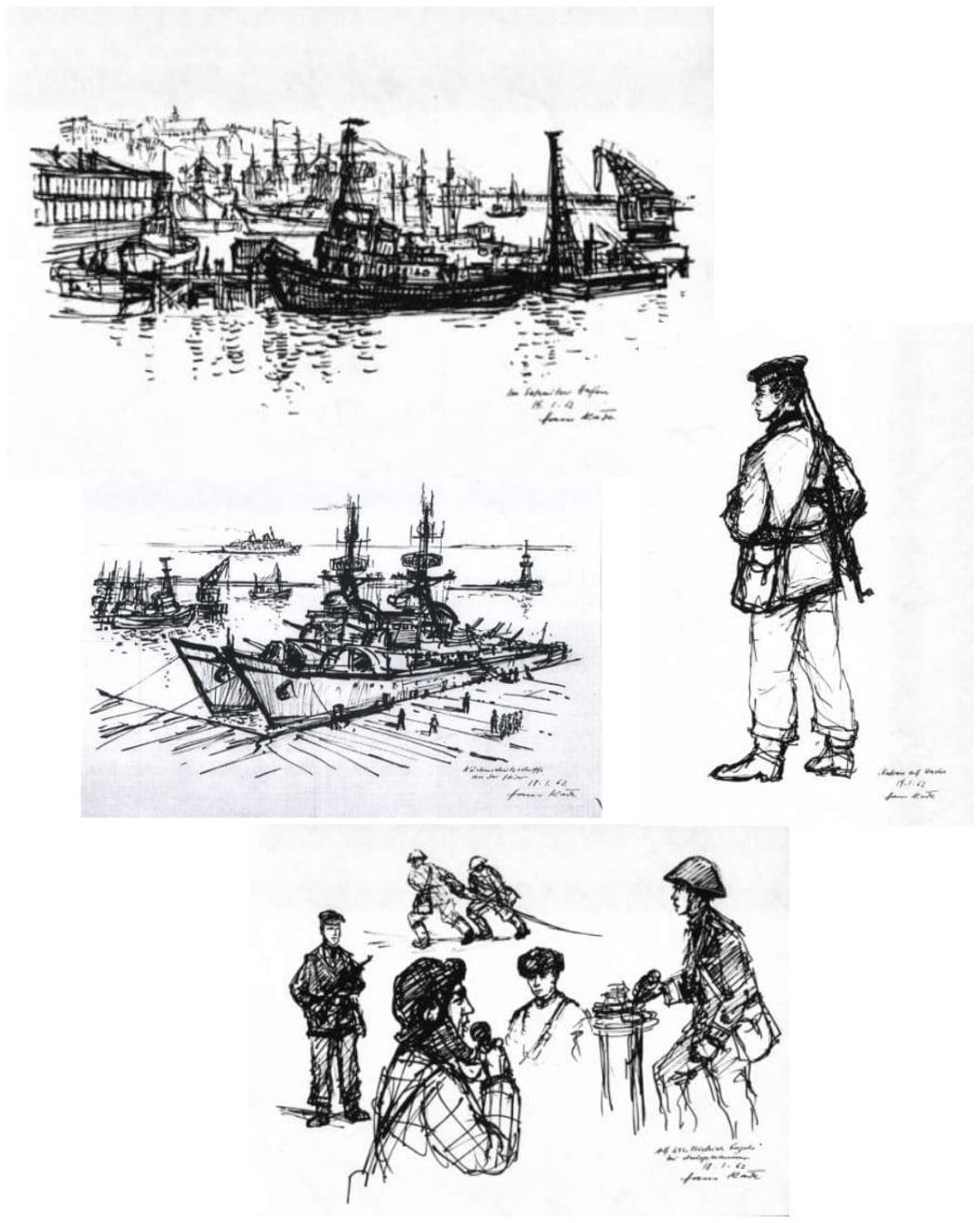 Grafiken von Hans Räde: Saßnitzer Hafen, Küstenschutzschiffe an der Pier, Matrose auf Wache, Szene auf KSS „Friedrich Engels“, Januar 1962 (vier Federzeichnungen)
