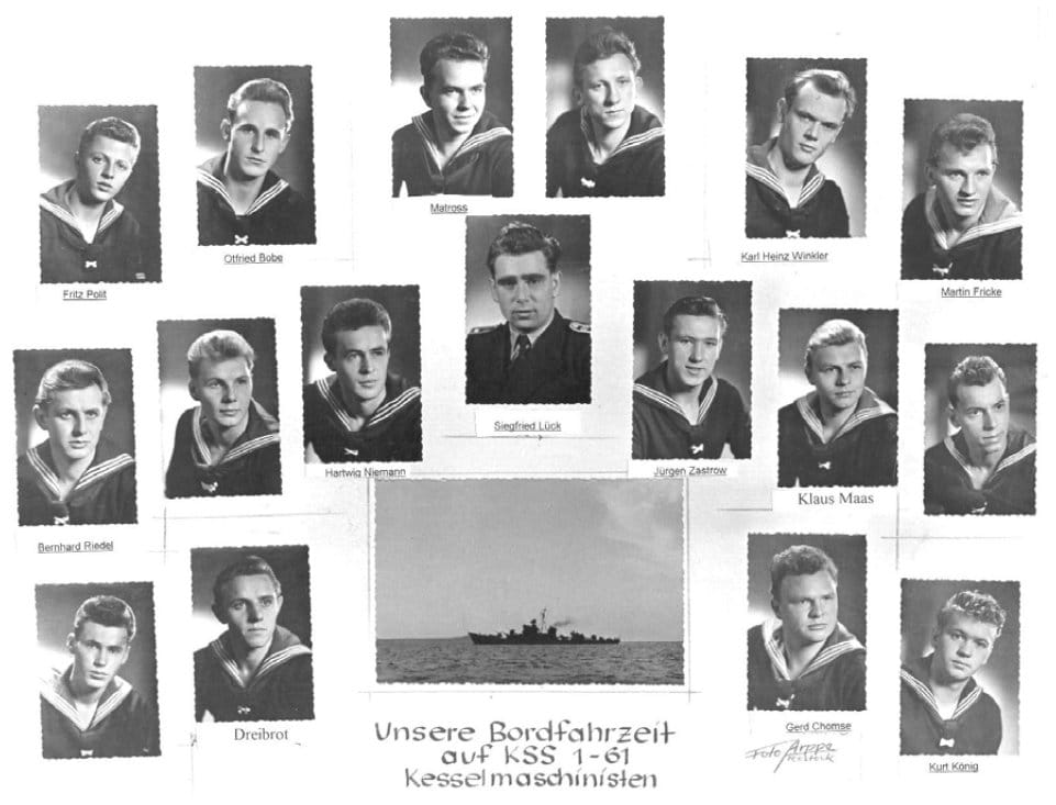 Unsere Bordfahrzeit auf KSS 1-61 – Kesselmaschinisten (Fotocollage mit den Namen Fritz Polit, Otfried Bobe, Karl Heinz Winkler, Martin Fricke, Siegfried Lück, Hartwig Niemann, Jürgen Zastrow, Klaus Maas, Bernhard Riedel, Dreibrot, Gerd Chomse, Kurt Körkl)