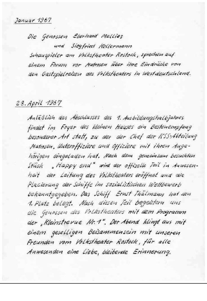 Handschriftliche Faksimileseite mit Einträgen von Januar und April 1967 über ein Forum mit Schauspielern und den Bestenempfang zum Abschluss des ersten Ausbildungshalbjahres