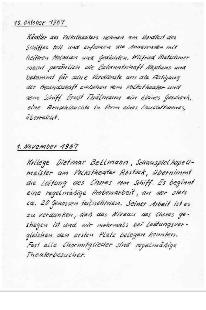 Handschriftliche Faksimileseite mit Einträgen von Oktober und November 1967 über ein Bordfest mit Künstlern und die Übernahme der Chorleitung durch einen Kapellmeister des Volkstheaters