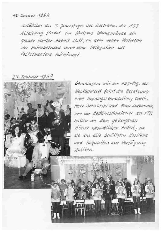Faksimileseite mit zwei Fotos einer Faschingsveranstaltung im Februar 1968: kostümierte Gäste an den Tischen und eine Funkengarde vor der geschmückten Bühne