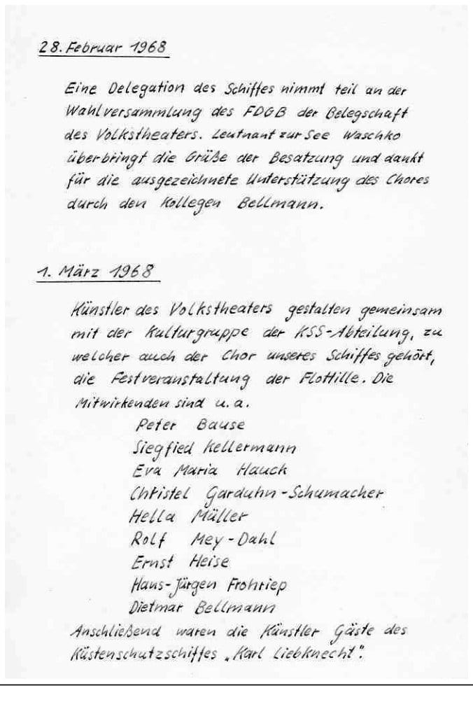 Handschriftliche Faksimileseite mit Einträgen vom Februar und März 1968 über eine FDGB-Wahlversammlung und eine gemeinsame Festveranstaltung der Flottille mit Namensliste der Mitwirkenden