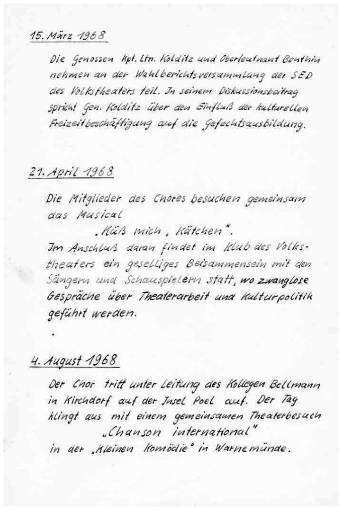 Handschriftliche Faksimileseite mit Einträgen von März bis August 1968 über eine SED-Wahlberichtsversammlung, einen Musicalbesuch und einen Chorauftritt in Kirchdorf auf Poel