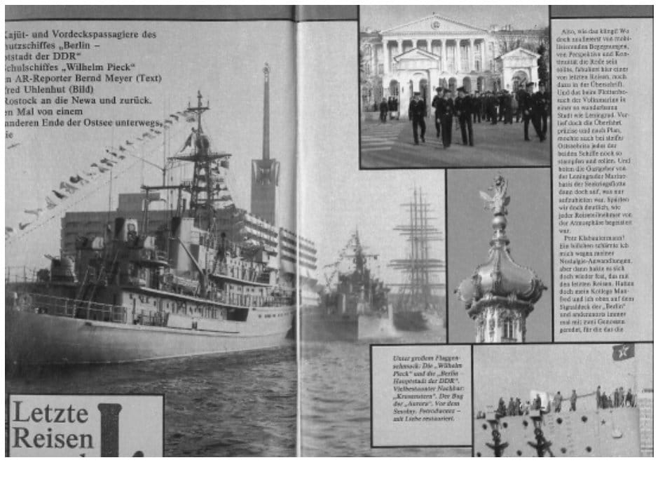 Reproduktion einer Zeitschriften-Doppelseite „Letzte Reisen“ mit Fotos der Fregatte „Berlin – Hauptstadt der DDR“ und des Schulschiffes „Wilhelm Pieck“ in Leningrad sowie Straßen- und Denkmalmotiven