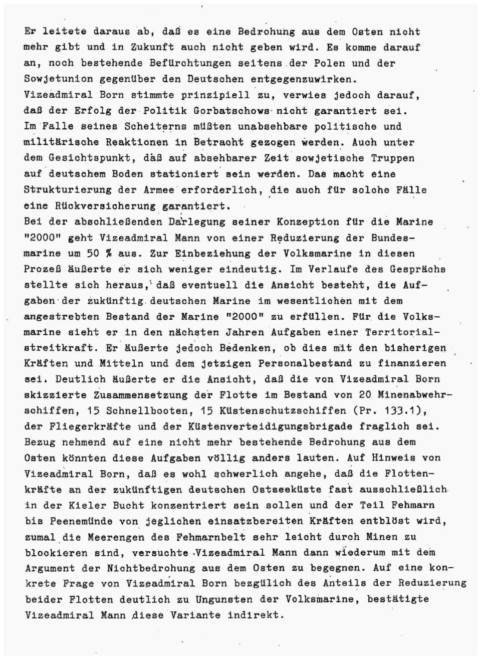 Dritte Seite des maschinengeschriebenen Gedächtnisprotokolls mit den Ausführungen zur Konzeption „Marine 2000“ und zur künftigen Flottenstruktur