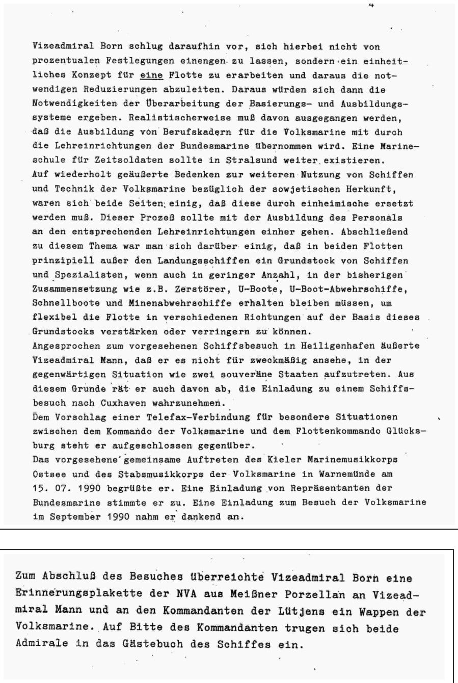 Vierte Seite des Gedächtnisprotokolls mit dem Vorschlag eines einheitlichen Flottenkonzepts sowie darunter der abgesetzte Schlussabsatz über den Austausch der Erinnerungsgeschenke