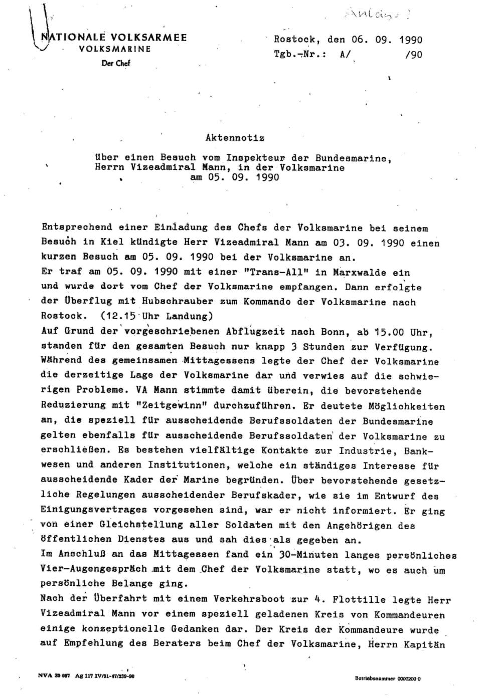 Erste Seite einer maschinengeschriebenen Aktennotiz vom 6. September 1990 über den Besuch des Inspekteurs der Bundesmarine in der Volksmarine