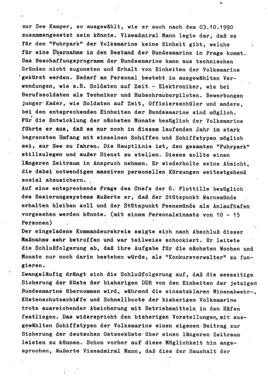Zweite Seite der Aktennotiz mit den Ausführungen zur Übernahme von Personal und Technik und zur Stilllegung der Schiffe der Volksmarine