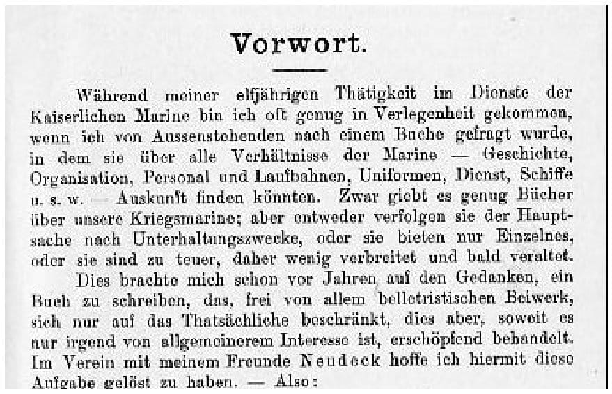 Faksimile des Vorworts aus „Das Kleine Buch von der Marine“ von 1898 in Frakturähnlicher Antiqua mit den Beweggründen des Verfassers