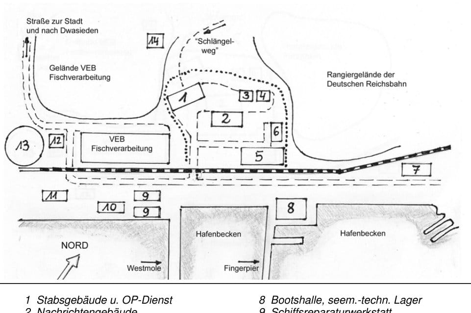 Prinzipskizze der militärischen Objekte im Hafen Saßnitz um 1957 (gezeichnet von Dieter Liebenau)