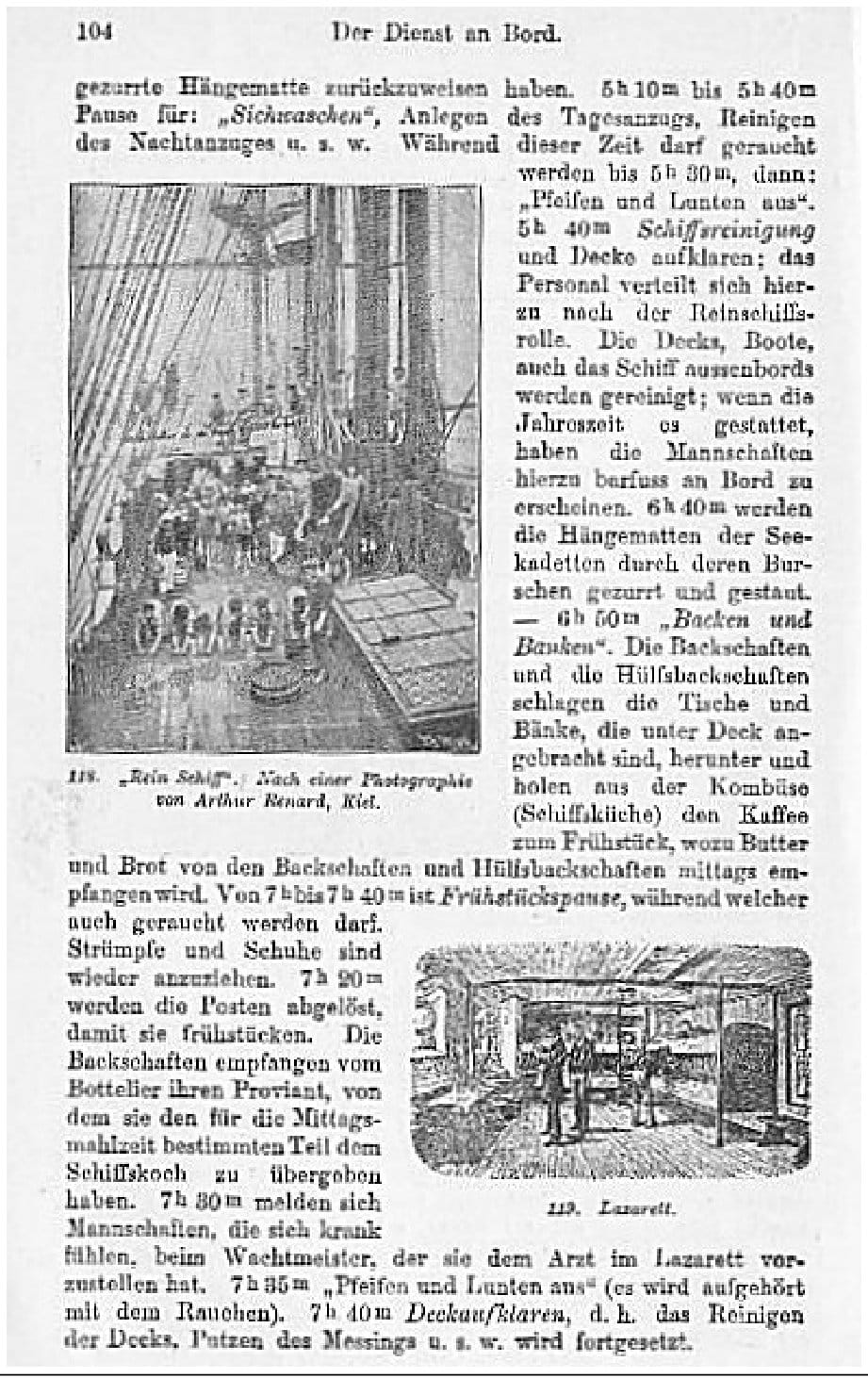 118. „Rein Schiff“. Nach einer Photographie von Arthur Renard, Kiel.; 119. Lazarett. (Faksimile S. 104)